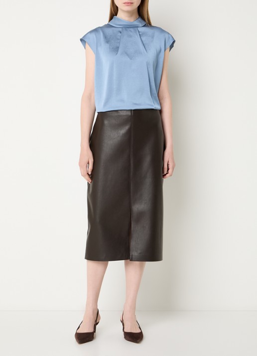 Joseph Ribkoff Midi rok van imitatieleer en split - voorkant 2 donkerbruin