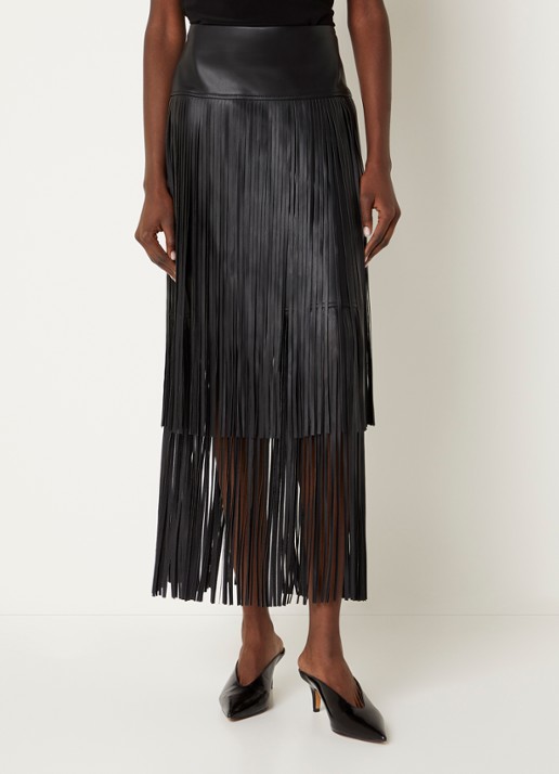 Joseph Ribkoff Midi rok van imitatieleer met franjes