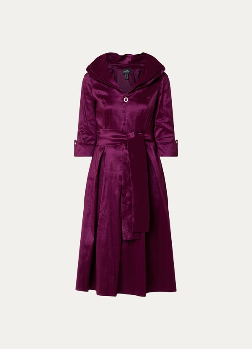 Joseph Ribkoff Midi tuniekjurk van satijn met strikceintuur - voorkant 3 aubergine