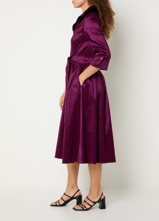 Joseph Ribkoff Midi tuniekjurk van satijn met strikceintuur - voorkant 4 aubergine