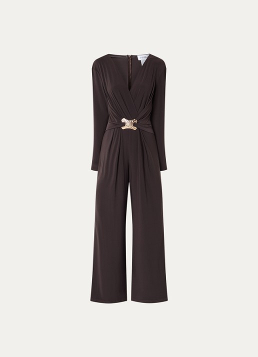 Joseph Ribkoff Wide fit jumpsuit met knoopdetail - voorkant donkerbruin