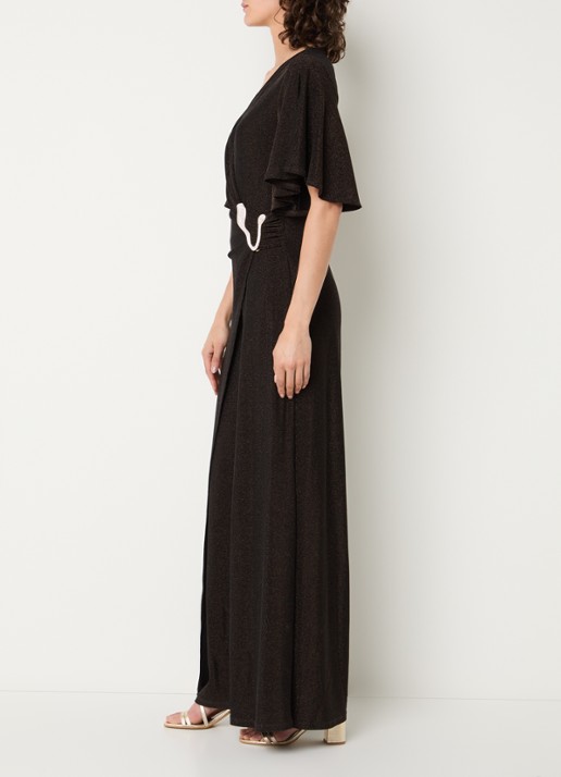 Joseph Ribkoff Wide fit jumpsuit met knoopdetail - voorkant 3 donkerbruin