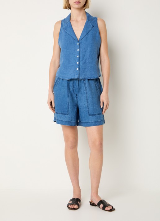 Josephine & Co Benno mid waist loose fit korte broek van chambray - voorkant 3 indigo