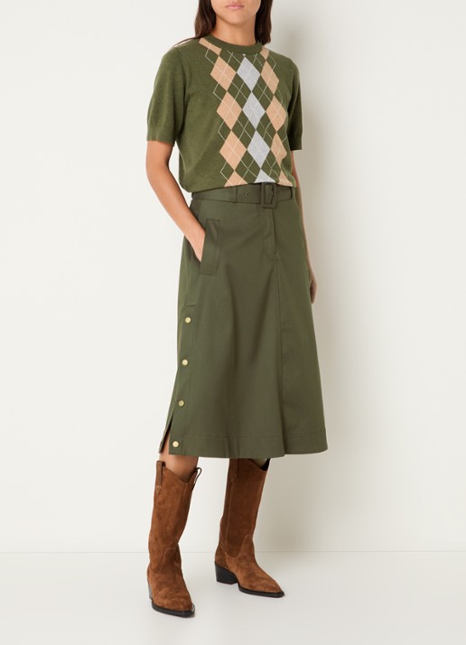 Josephine & Co Cassie midi rok met steekzakken en ceintuur - voorkant 3 mosgroen