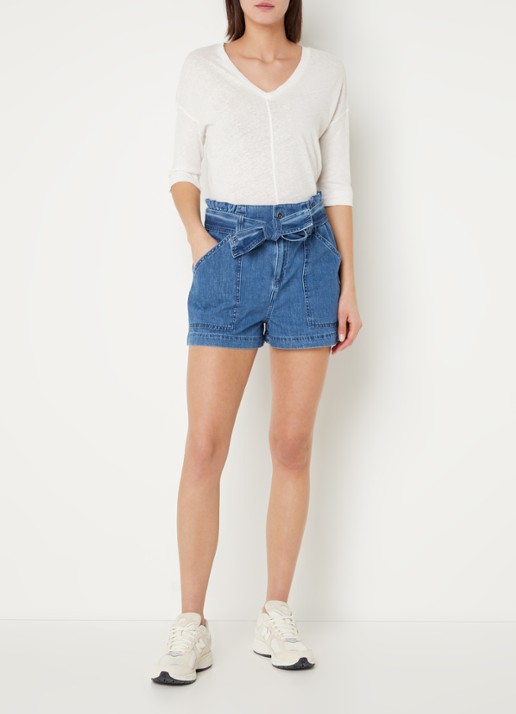 Josephine & Co Glenda high waist straight fit korte broek met strikceintuur  - voorkant 2 jeans
