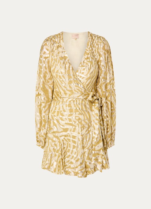 JOSH V Aliya mini wikkeljurk met jacquard dessin en lurex - voorkant mosterd
