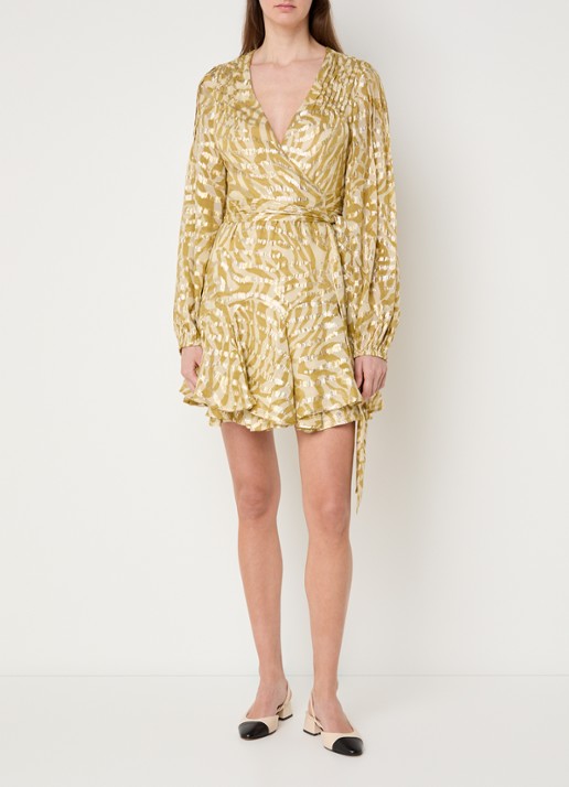 JOSH V Aliya mini wikkeljurk met jacquard dessin en lurex - voorkant 2 mosterd