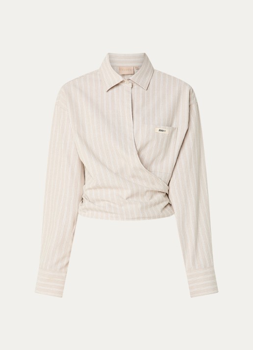 JOSH V Banks blouse met streepprint en strikceintuur - voorkant beige