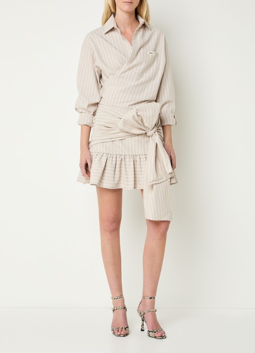 JOSH V Banks blouse met streepprint en strikceintuur - voorkant 2 beige