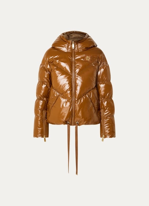 JOSH V Brenna puffer jack met strikceintuur en glanzende finish - voorkant 2 cognac