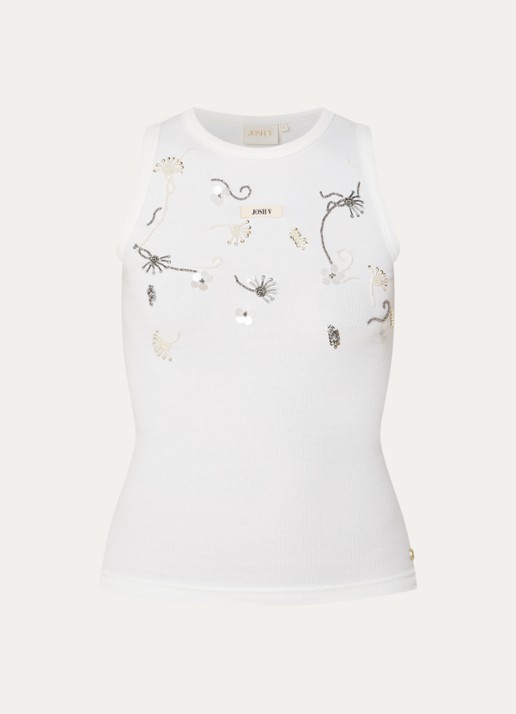 JOSH V Calix tanktop met pailletten en kralendecoratie - voorkant gebroken wit