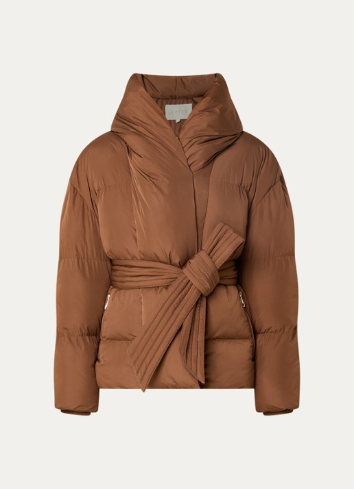 JOSH V Charlotte puffer jack met capuchon en ceintuur - voorkant 2 cognac