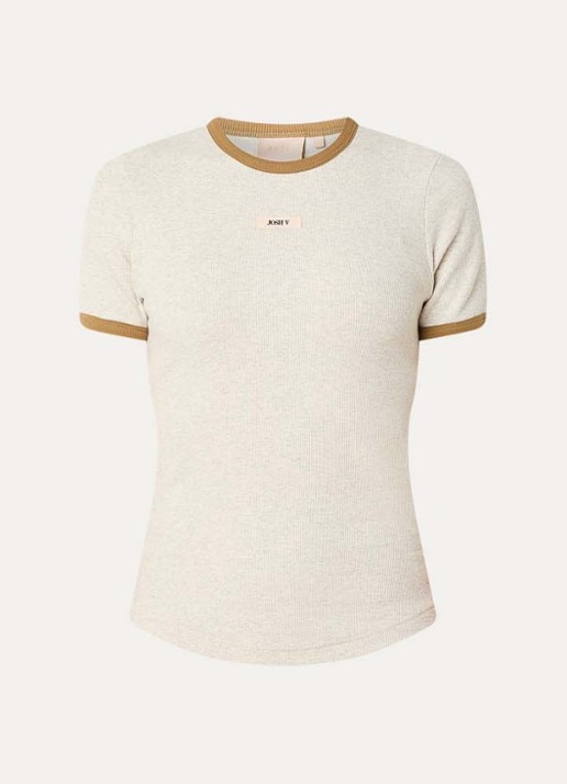 JOSH V Cody ribgebreid T-shirt met logo - voorkant 3 beige