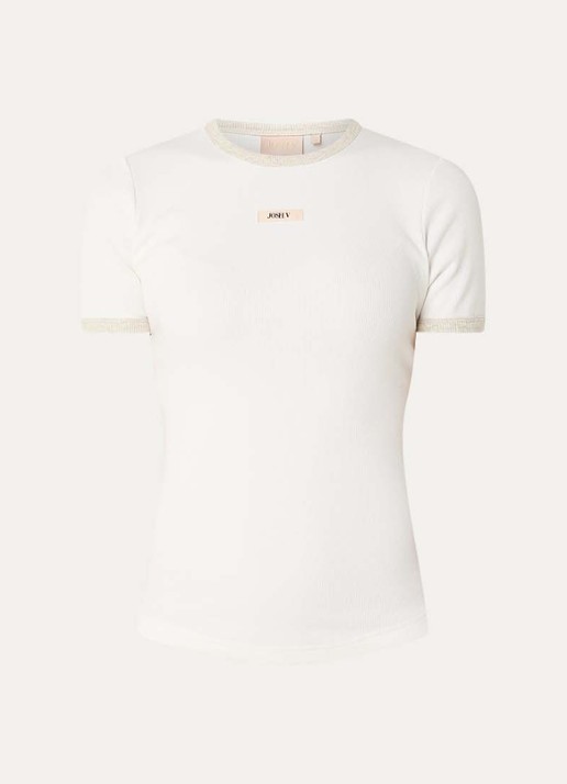 JOSH V Cody ribgebreid T-shirt met logo - voorkant 2 gebroken wit