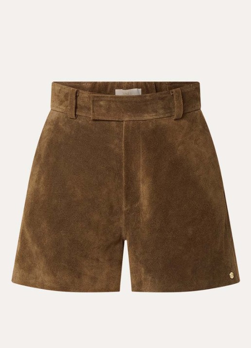 JOSH V Fenella high waist loose fit korte broek van suède - voorkant bruin