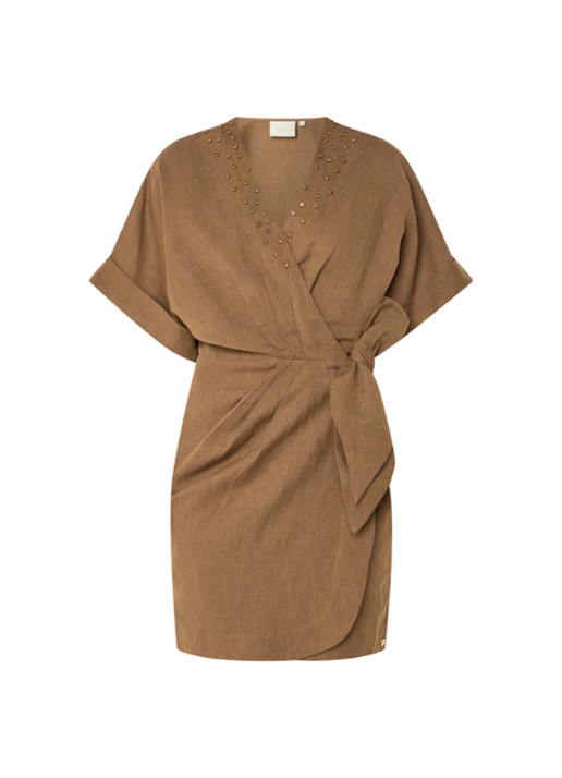JOSH V Froukje mini wikkeljurk in linnenblend met strass - voorkant 2 camel