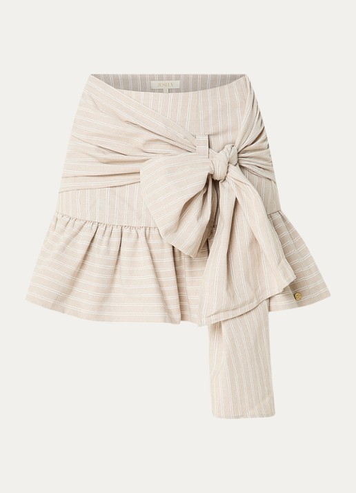 JOSH V Hollis mini rok met streepprint en strikdetail - voorkant donkerbeige