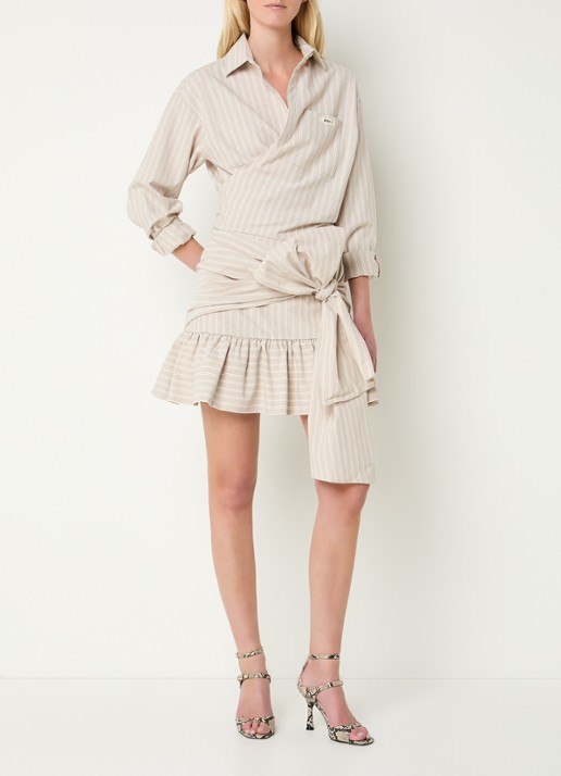 JOSH V Hollis mini rok met streepprint en strikdetail - voorkant 2 donkerbeige
