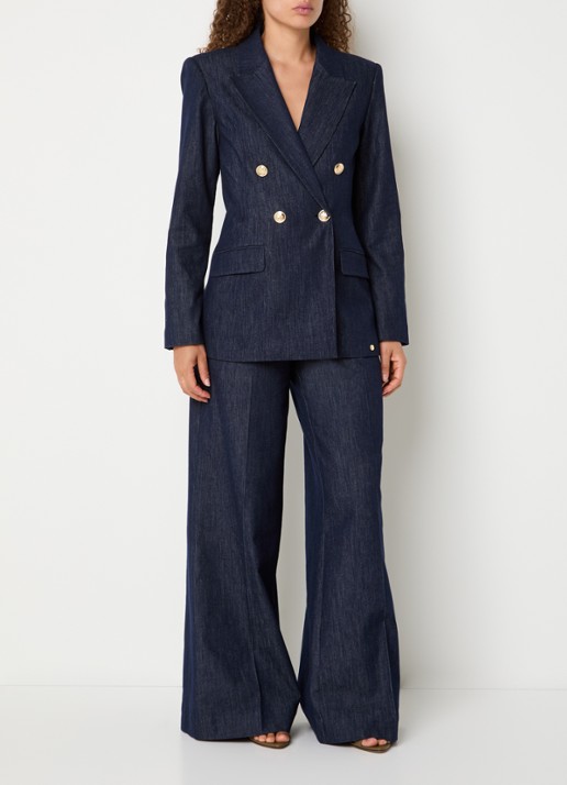 JOSH V Indra high waist wide fit broek van chambray met knoopdetail - voorkant 2 indigo