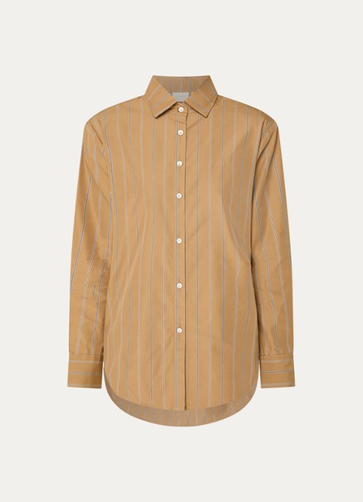 JOSH V Kolly blouse met streepprint en schoudervulling - voorkant camel