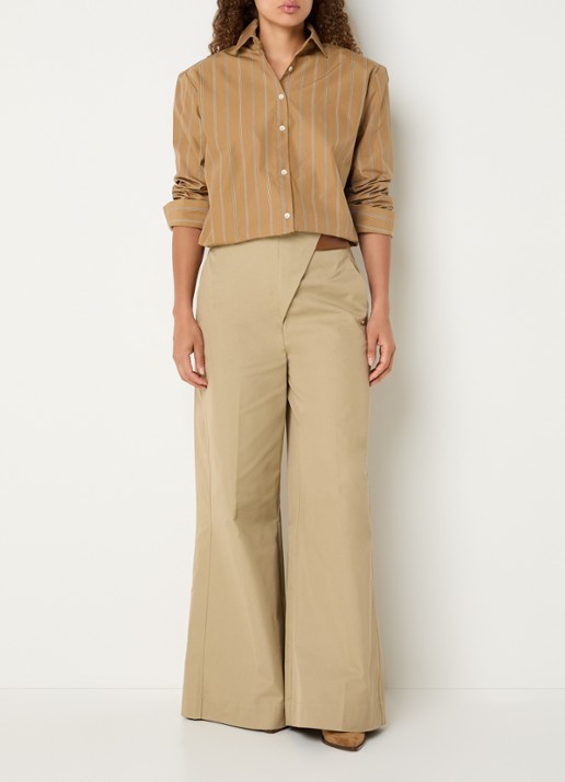 JOSH V Kolly blouse met streepprint en schoudervulling - voorkant 2 camel