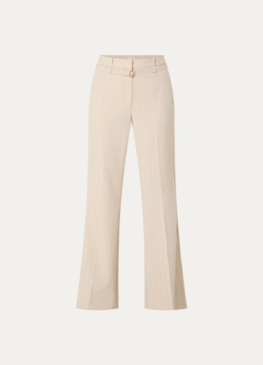 JOSH V Kora high waist flared fit pantalon met krijtstreep en ceintuur - voorkant beige