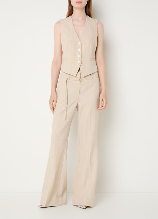 JOSH V Kora high waist flared fit pantalon met krijtstreep en ceintuur - voorkant 2 beige