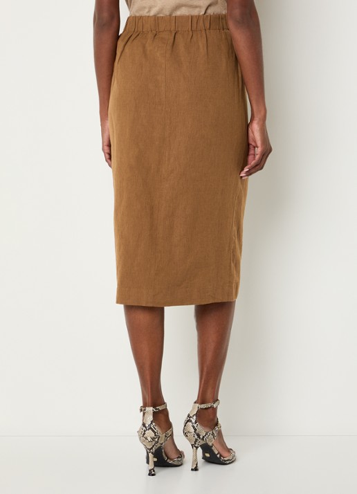 JOSH V Nijra midi rok in linnenblend met strikceintuur - achterkant camel