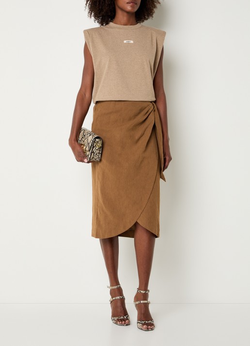 JOSH V Nijra midi rok in linnenblend met strikceintuur - voorkant 4 camel