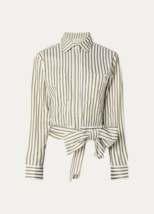 JOSH V Odell blouse met streepprint en strikceintuur - voorkant legergroen