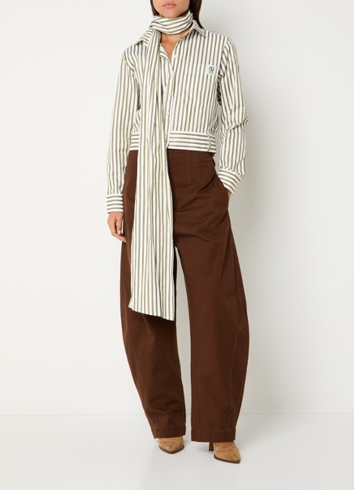 JOSH V Odell blouse met streepprint en strikceintuur - voorkant 2 legergroen