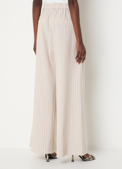 JOSH V Odessa high waist wide leg broek in linnenblend met streepprint - achterkant 4 beige