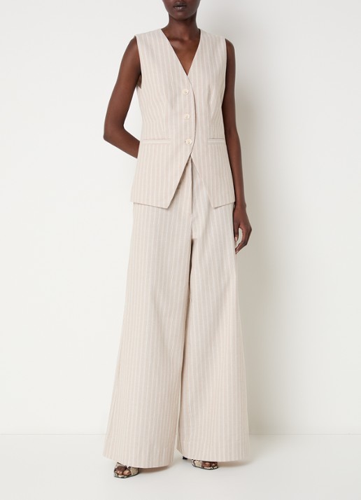 JOSH V Odessa high waist wide leg broek in linnenblend met streepprint - voorkant 2 beige