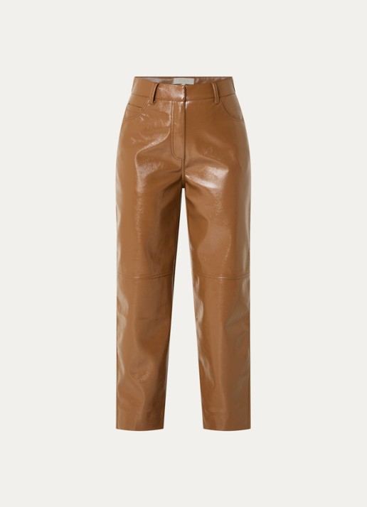 JOSH V Rae high waist tapered fit broek van imitatieleer met glanzende finish - voorkant cognac