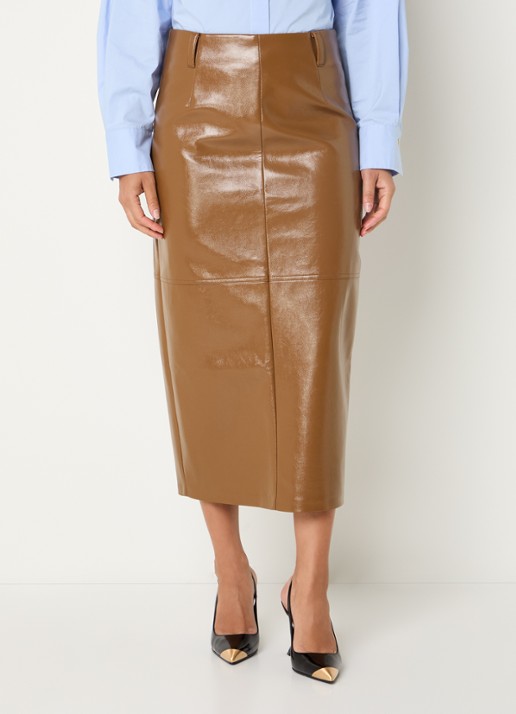 JOSH V Sally midi kokerrok van imitatieleer met glanzende finish - detail 2 cognac