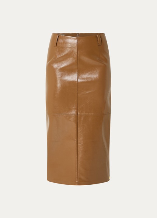 JOSH V Sally midi kokerrok van imitatieleer met glanzende finish - voorkant 3 cognac