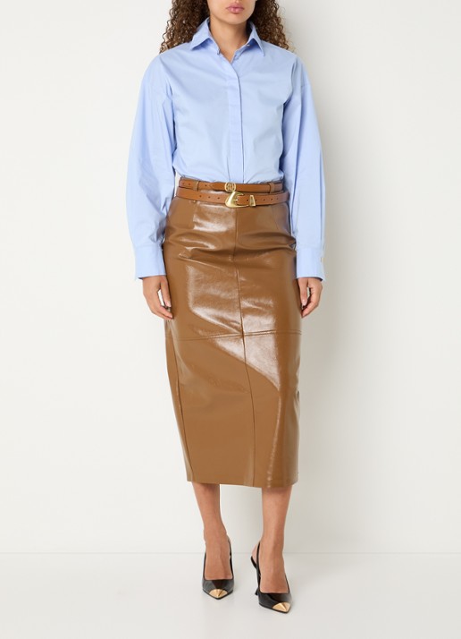 JOSH V Sally midi kokerrok van imitatieleer met glanzende finish - voorkant 4 cognac