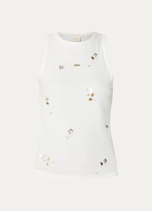 JOSH V Swanny tanktop met pailletten - voorkant 2 gebroken wit