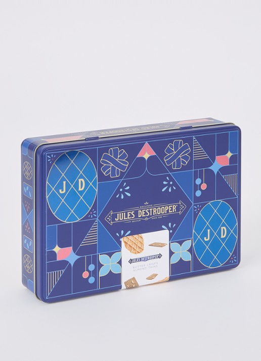Jules Destrooper Jules amandelbrood en natuurboterwafels in geschenkblik 350 gram - voorkant 2 royalblauw