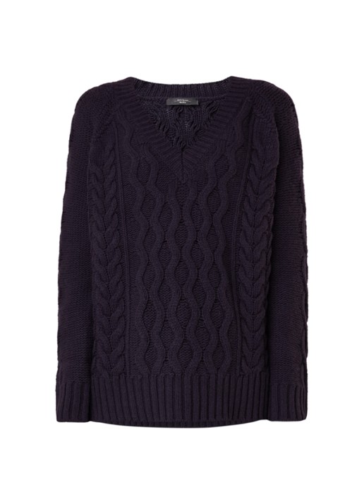 Kabelgebreide pullover van wol met V-hals - voorkant 3 donkerblauw