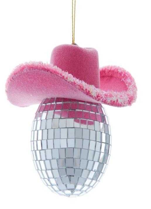 Kurt Adler Orn Spiegelbol m cowboyhoed 7.5cm - voorkant roze