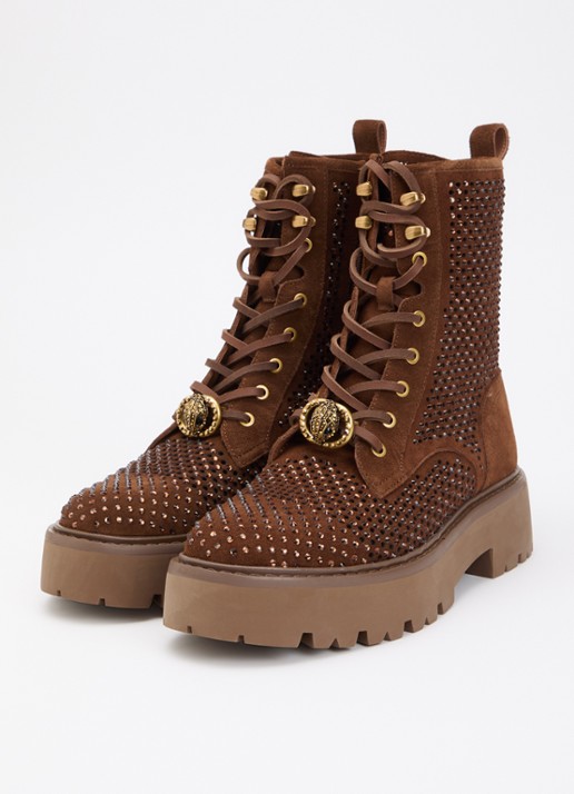 Kurt Geiger Chelsea veterboot van suède met strass - detail 2 cognac
