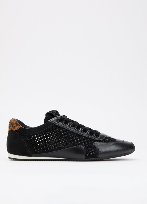 Kurt Geiger Islington sneaker van suède met strass en details van leer - voorkant zwart