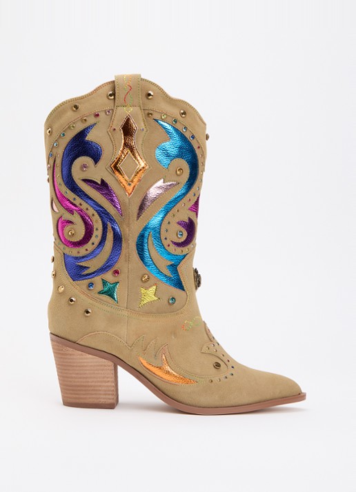 Kurt Geiger Kensington cowboylaars van suède met strass - voorkant khaki