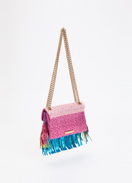 Kurt Geiger Mini Kensington Fringe schoudertas met strass en franjes - achterkant 5 roze