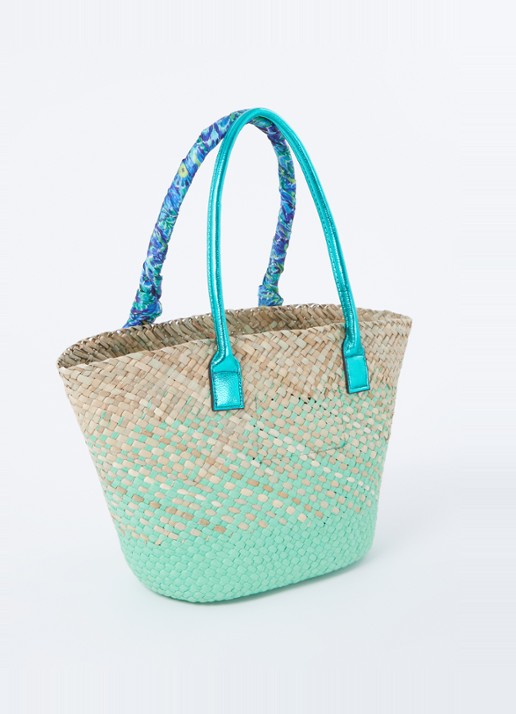 Kurt Geiger Shopper van raffia met leren details - achterkant turquoise