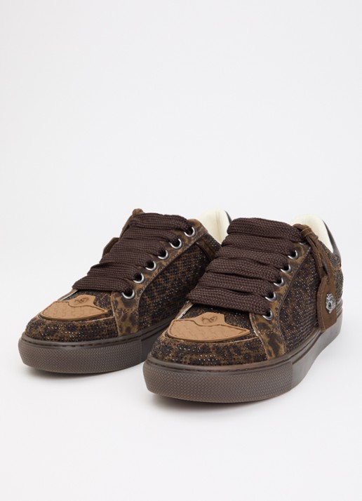 Kurt Geiger Southbank Tag sneaker van suède met panterprint en strass - detail 2 donkerbruin
