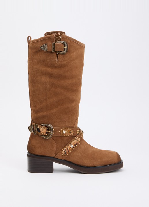 Kurt Geiger Western Biker cowboylaars van suède met studs - voorkant 4 camel