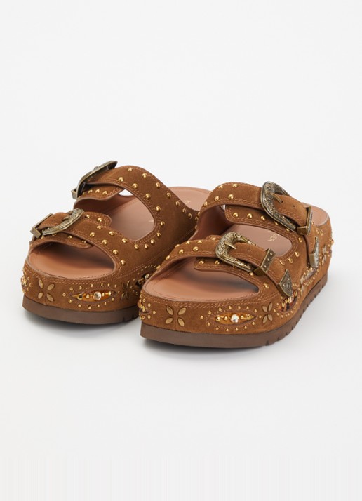 Kurt Geiger Western Buckle Flatform sandaal van suède met studs - detail bruin