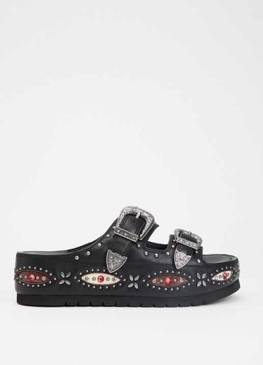 Kurt Geiger Western Buckle sandaal van leer met strass  - voorkant 5 zwart
